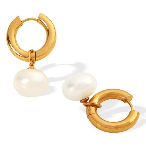 Stainless Steel Drop Earring, 304 Stainless Steel, with Plastic Pearl, plated, fashion jewelry & for woman, golden 