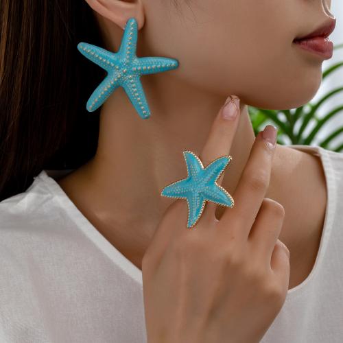 Fashion Zinc Alloy Jewelry Sets, Stud Earring & finger ring, Starfish, plated & for woman & enamel, blue 