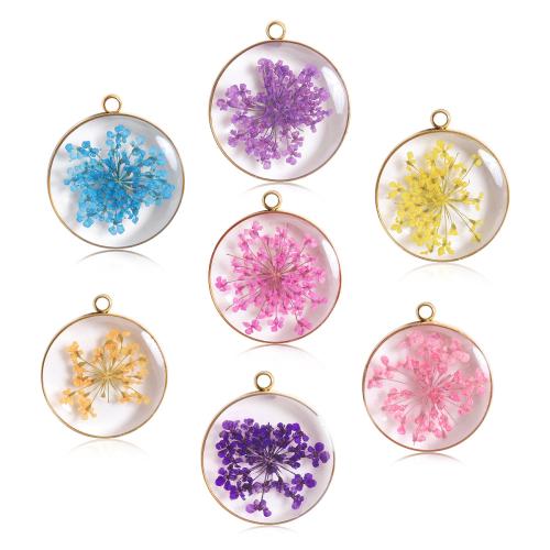 Resin Jewelry Pendant, 304 Stainless Steel, with Dried Flower & Resin, DIY 30mm 