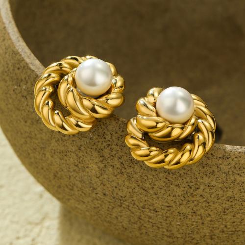 Stainless Steel Stud Earring, 304 Stainless Steel, with Plastic Pearl, 18K gold plated, fashion jewelry & for woman, golden 