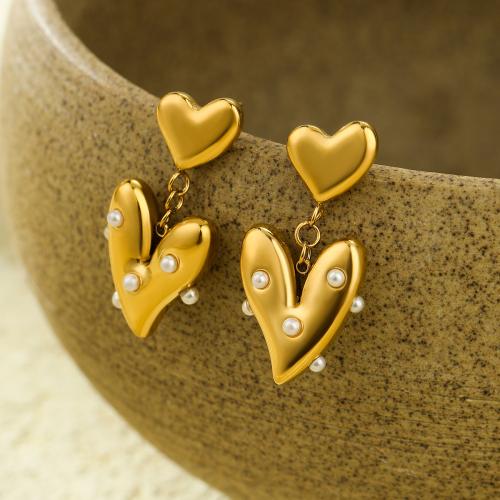 Stainless Steel Drop Earring, 304 Stainless Steel, with Plastic Pearl, Heart, 18K gold plated, fashion jewelry & for woman, golden 