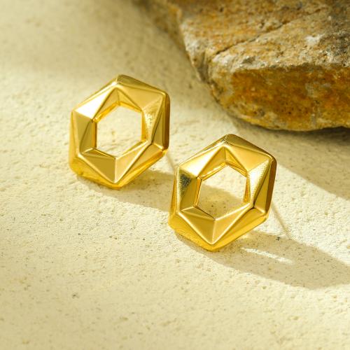 Stainless Steel Stud Earring, 304 Stainless Steel, Hexagon, 18K gold plated, fashion jewelry & for woman, golden 