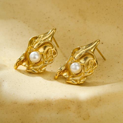 Stainless Steel Stud Earring, 304 Stainless Steel, with Plastic Pearl, 18K gold plated, fashion jewelry & for woman, golden 