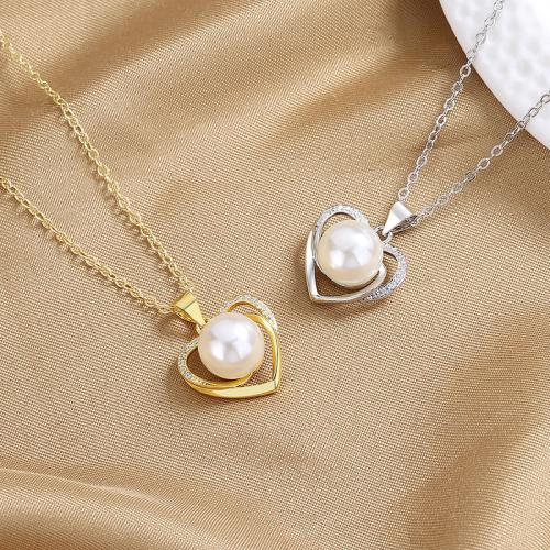 Cubic Zircon Micro Pave Brass Necklace, with Plastic Pearl, Heart, fashion jewelry & micro pave cubic zirconia & for woman 