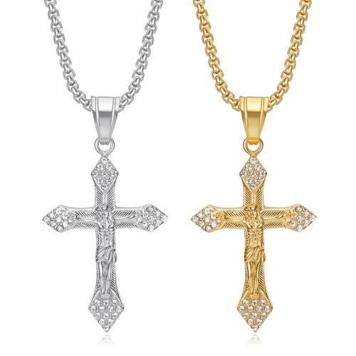 Stainless Steel Jewelry Necklace, 304 Stainless Steel, Cross  & with rhinestone 