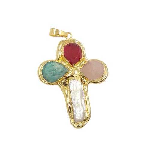 Cultured Freshwater Pearl Brass Pendant, with Gemstone & Freshwater Pearl, Cross, gold color plated, DIY, mixed colors [