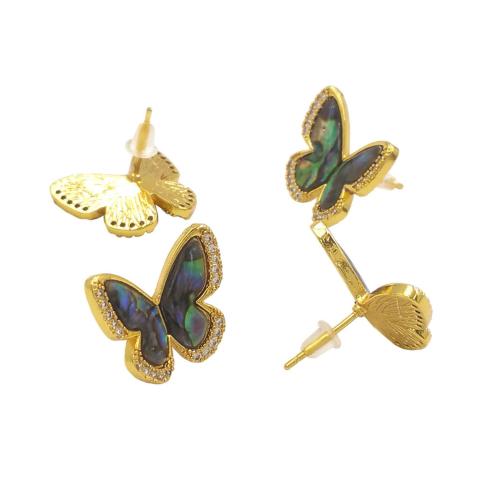 Cubic Zirconia Micro Pave Brass Earring, with Abalone Shell, Butterfly, gold color plated, fashion jewelry & micro pave cubic zirconia & for woman [