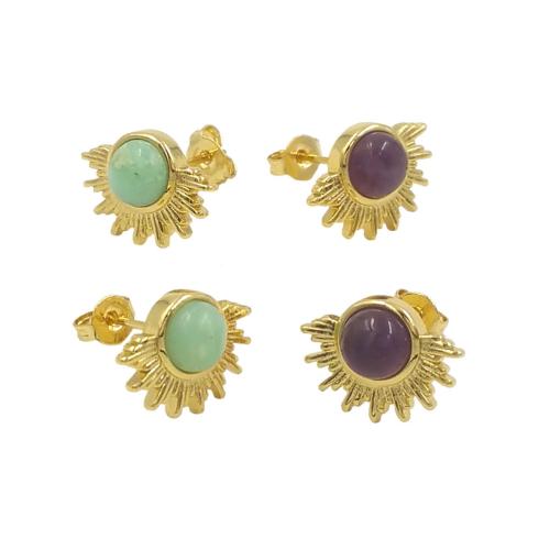 Gemstone Stud Earring, Brass, with Gemstone, Sun, gold color plated, fashion jewelry & for woman 