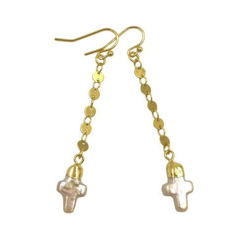 Freshwater Pearl Brass Earring, with Freshwater Pearl, Cross, gold color plated, fashion jewelry & for woman 