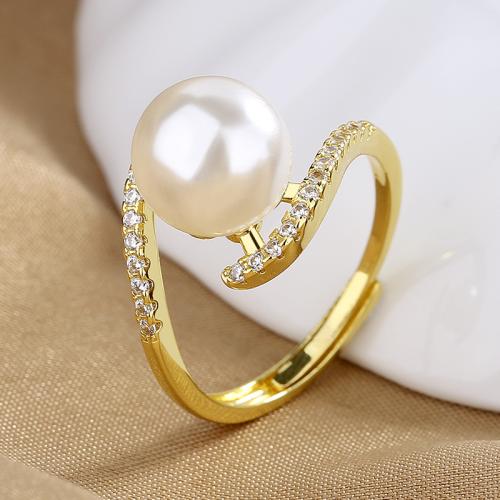 Cubic Zirconia Micro Pave Brass Finger Ring, with Plastic Pearl, fashion jewelry & micro pave cubic zirconia & for woman [