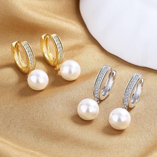 Cubic Zirconia Pendiente Brass Micro Pave, metal, con Shell Pearl, Joyería & micro arcilla de zirconia cúbica & para mujer, más colores para la opción, 28mm, Vendido por Par[