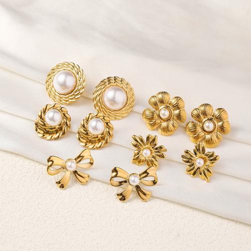 Stainless Steel Stud Earring, 304 Stainless Steel, with Plastic Pearl, 18K gold plated, fashion jewelry & for woman, golden 