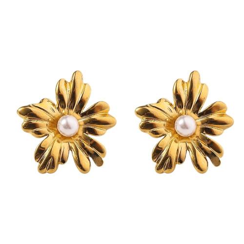 Stainless Steel Stud Earring, 304 Stainless Steel, with Shell Pearl, Flower, 18K gold plated, fashion jewelry & for woman 