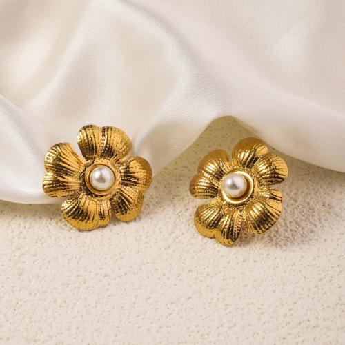 Stainless Steel Stud Earring, 304 Stainless Steel, with Shell Pearl, Flower, 18K gold plated, fashion jewelry & for woman, golden 