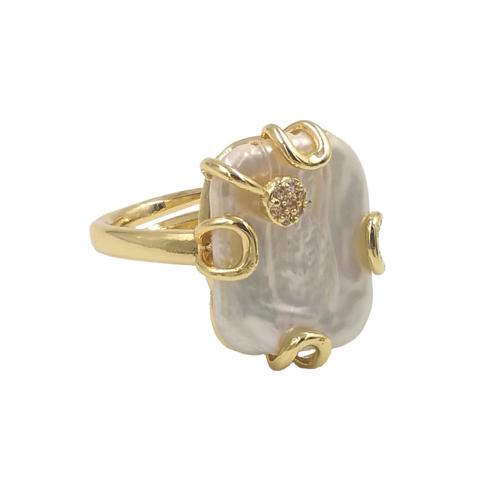 El Anillo con Perla de Agua Dulce Cultivada, metal, con cúbica circonia & Perlas cultivadas de agua dulce, chapado en color dorado, Ajustable & Joyería, más colores para la opción, tamaño:7, Vendido por UD