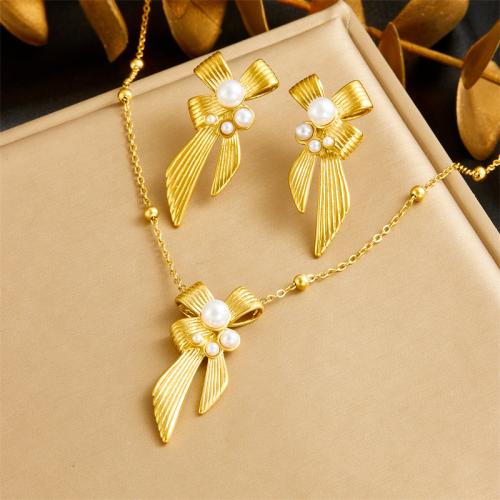 Fashion Stainless Steel Jewelry Sets, 304 Stainless Steel, with Plastic Pearl, Bowknot, fashion jewelry & for woman, golden 