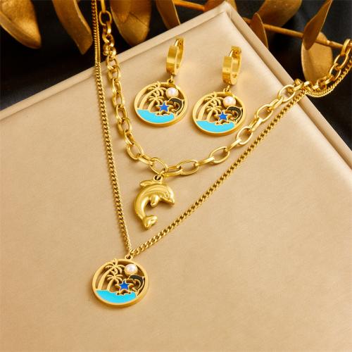 Enamel Stainless Steel Jewelry Sets, 304 Stainless Steel, with Plastic Pearl & for woman, golden 