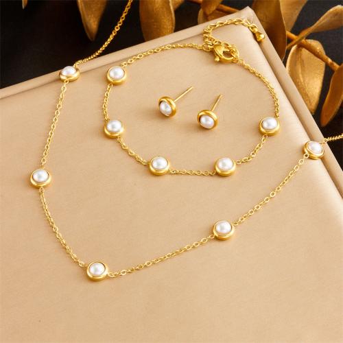 Fashion Stainless Steel Jewelry Sets, 304 Stainless Steel, with Plastic Pearl, fashion jewelry & for woman, golden 