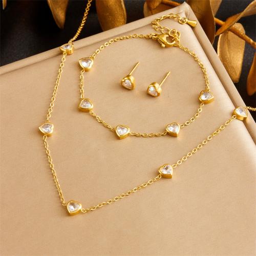 Rhinestone stainless steel Jewelry Set, 304 Stainless Steel, Heart, gold color plated & for woman & with rhinestone, golden 