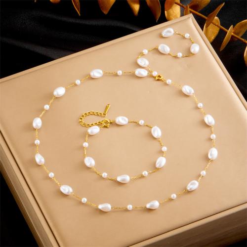 Fashion Stainless Steel Jewelry Sets, 304 Stainless Steel, with Plastic Pearl, fashion jewelry & for woman, golden 