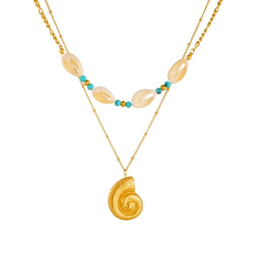 Stainless Steel Jewelry Necklace, 304 Stainless Steel, with turquoise & Shell, with 6cm extender chain, Conch, Double Layer & fashion jewelry & for woman, golden Approx 40 cm, Approx 45 cm 