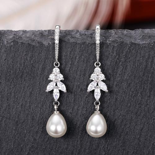 Cubic Zirconia Micro Pave Brass Earring, with Plastic Pearl, fashion jewelry & micro pave cubic zirconia & for woman, 27mm 