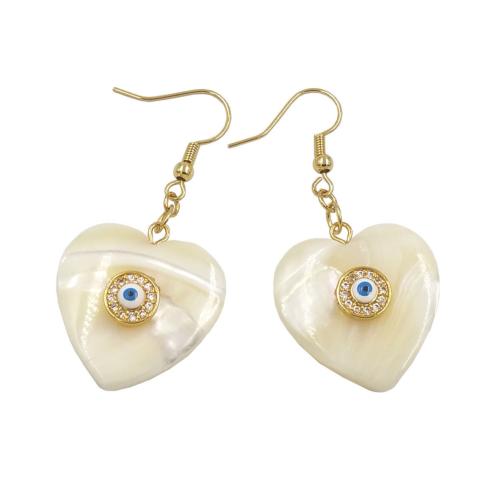 Pendientes de mal de ojo, Nácar, con metal, Corazón, chapado en color dorado, Joyería & micro arcilla de zirconia cúbica & para mujer, más colores para la opción, 25x51mm, Vendido por Par