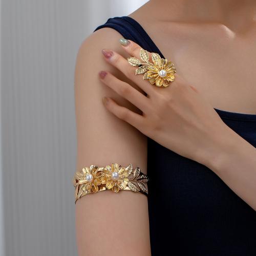 Fashion Zinc Alloy Jewelry Sets, Arm Bangle & finger ring, with Plastic Pearl, petals, plated, for woman, gold 