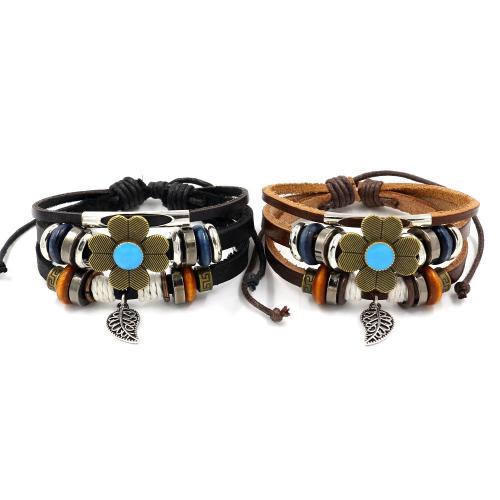 Cuero de vaca Pulsera, con aleación de zinc, Flor, Vintage & multicapa & para mujer, más colores para la opción, longitud:aproximado 18 cm, Vendido por UD