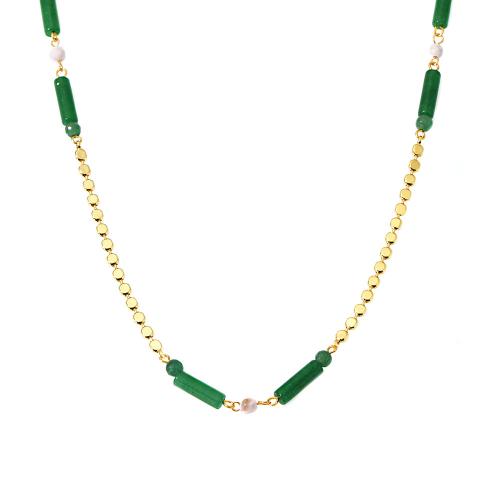 Stainless Steel Jewelry Necklace, 304 Stainless Steel, with Green Aventurine, with 5cm extender chain, fashion jewelry & for woman, golden Approx 43 cm 