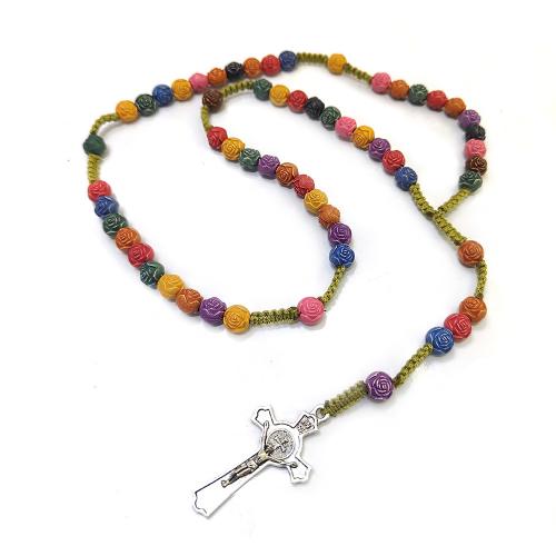 Rosary Necklace, Plastic, with Knot Cord & Zinc Alloy, Cross, handmade, fashion jewelry & Unisex, multi-colored 2.6*5cm Approx 53.5 cm 