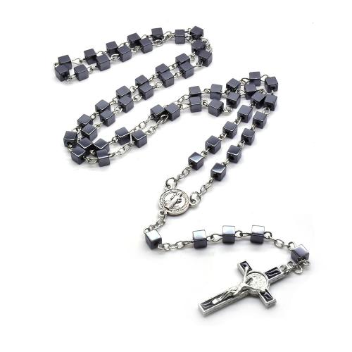 Rosary Necklace, Non Magnetic Hematite, with Zinc Alloy, Cross, silver color plated, fashion jewelry & Unisex Approx 56 cm 