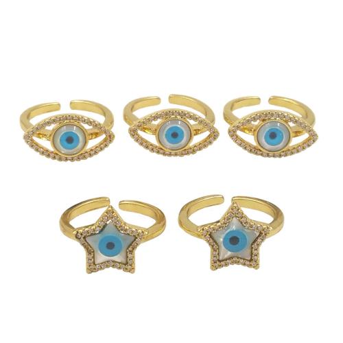 Evil Eye Jewelry Finger Ring, Brass, with Shell, gold color plated, Adjustable & fashion jewelry & Unisex & micro pave cubic zirconia US Ring 