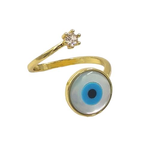 Evil Eye Jewelry Finger Ring, Brass, with Cubic Zirconia & Shell, gold color plated, Adjustable & fashion jewelry & for woman US Ring 