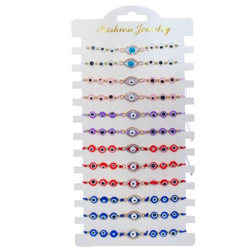 Mal pulsera ojo, resina, con Cordón de nudo & aleación de zinc, chapado en color dorado, Ajustable & patrón de malvado de ojo & para mujer & esmalte & con diamantes de imitación, 12PCs/Set, Vendido por Set