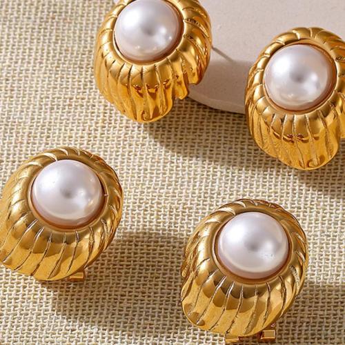 Stainless Steel Stud Earring, 304 Stainless Steel, with Shell Pearl, plated, fashion jewelry & for woman 