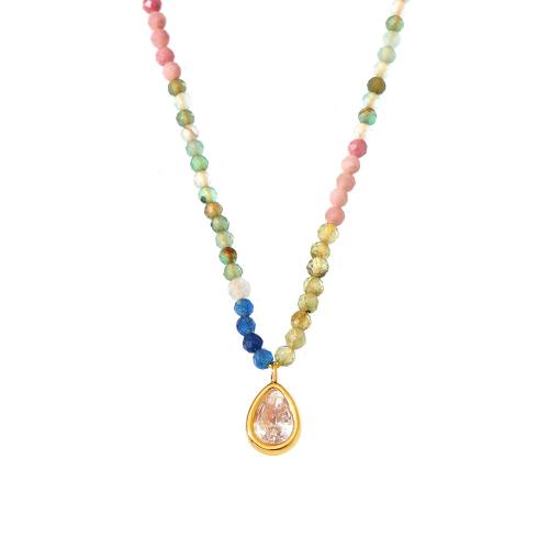 Stainless Steel Jewelry Necklace, 304 Stainless Steel, with Natural Stone & Opal, with 2.7 Inch extender chain, plated, fashion jewelry & for woman, multi-colored Approx 15.7 Inch 