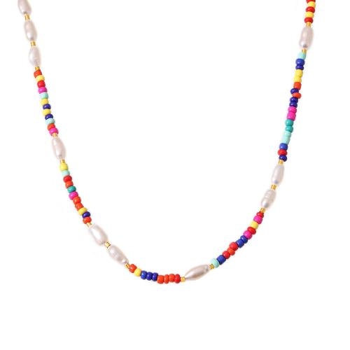 Stainless Steel Jewelry Necklace, 304 Stainless Steel, with Glass Stone & Freshwater Pearl, with 1.9 Inch extender chain, plated, fashion jewelry & for woman, multi-colored Approx 16.93 Inch 