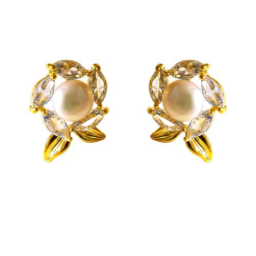 Cubic Zirconia Micro Pave Brass Earring, with Freshwater Pearl, petals, plated, micro pave cubic zirconia & for woman, gold 