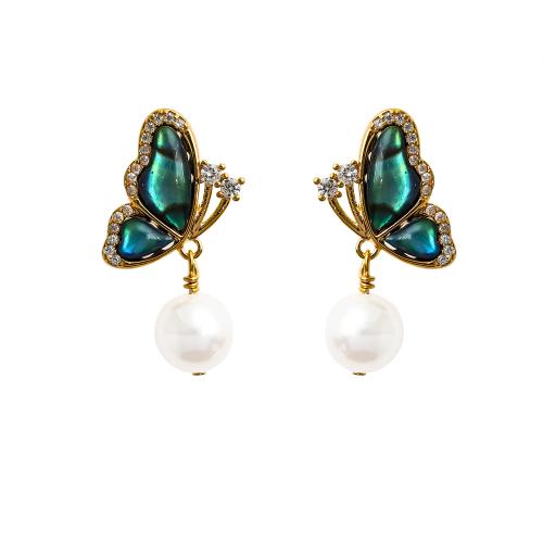 Cubic Zirconia Micro Pave Brass Earring, with Abalone Shell & Freshwater Pearl, Butterfly, plated, micro pave cubic zirconia & for woman, gold 