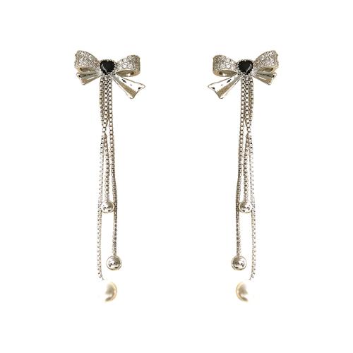 Cubic Zirconia Micro Pave Brass Earring, with Plastic Pearl, Bowknot, plated, micro pave cubic zirconia & for woman, platinum color 