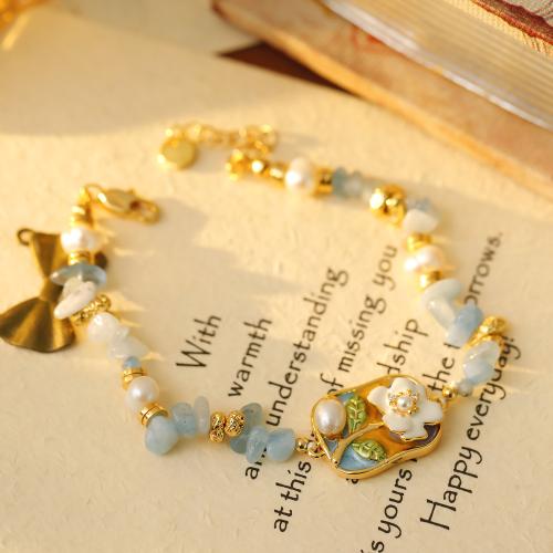 Brass Bracelet, with Gemstone & Freshwater Pearl, with 3.3CM extender chain, plated, micro pave cubic zirconia & for woman & enamel, gold Approx 16 cm [