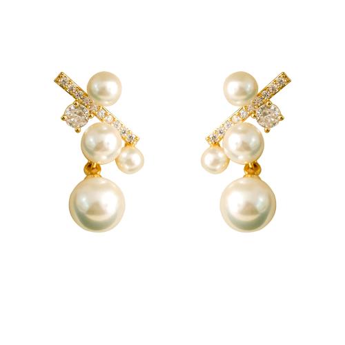 Cubic Zirconia Micro Pave Brass Earring, with Glass Pearl, plated, micro pave cubic zirconia & for woman, gold 