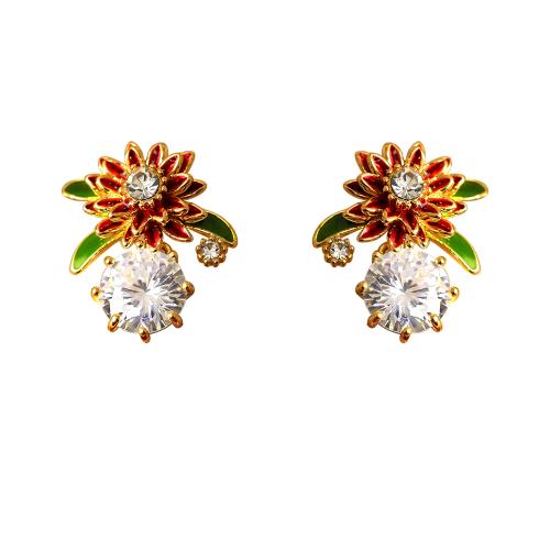 Cubic Zirconia Micro Pave Brass Earring, petals, plated, micro pave cubic zirconia & for woman & enamel, gold 