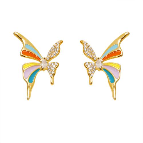 Cubic Zirconia Micro Pave Brass Earring, Butterfly, plated, micro pave cubic zirconia & for woman & enamel, gold 