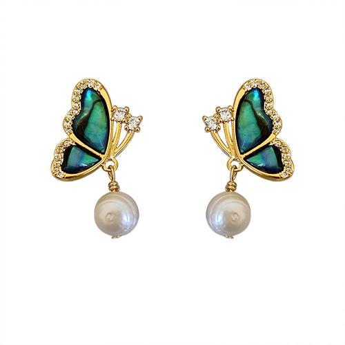 Cubic Zirconia Micro Pave Brass Earring, with Shell & Freshwater Pearl, Butterfly, plated, micro pave cubic zirconia & for woman, gold 