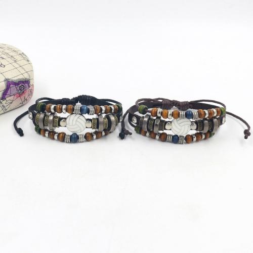 aleación de zinc Pulsera, con Cuero de vaca & Cordón de cera & madera, Voleibol, multicapa & estilo popular & unisexo, más colores para la opción, longitud:aproximado 18.5 cm, Vendido por UD