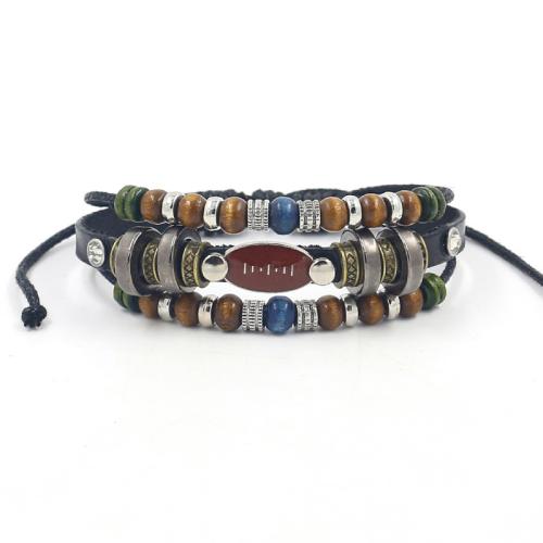 alliage de zinc bracelet, avec cuir de peau de vache & corde de cire & bois, Ballon de rugby, multicouche & style folk & unisexe, plus de couleurs à choisir Environ 18.5 cm, Vendu par PC[