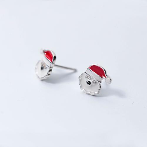 Christmas Earrings, 925 Sterling Silver, Santa Claus, Christmas jewelry & for woman & enamel & with rhinestone 