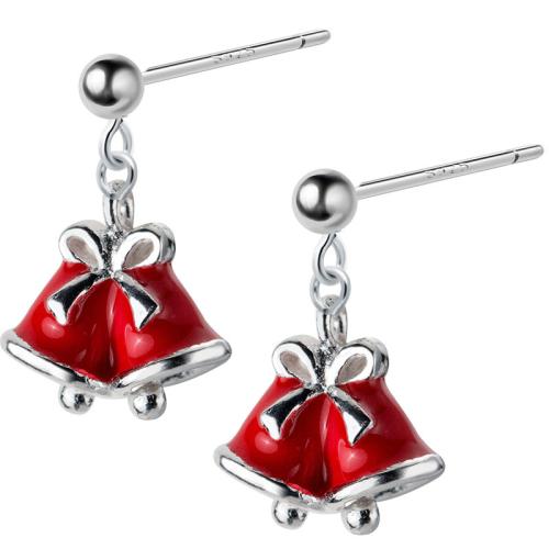 plata de ley 925 Pendientes con Colgantes, Cascabel de Navidad, Joyas de Navidad & para mujer & esmalte, 12x19mm, Vendido por Par